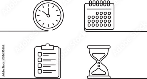 Clock, calendar, checklist, and hourglass icons symbolizing time and planning in outline style