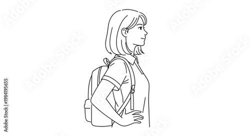 Line Art Illustration of a Young Woman with a Backpack.