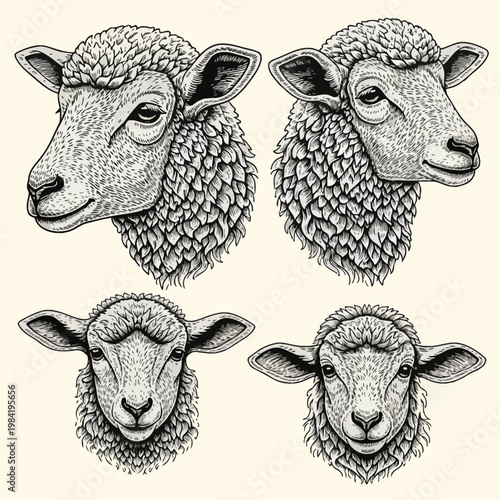 Set of four detailed sheep and lamb head illustrations in a vintage engraving style, featuring intricate black and white line art and cross-hatching on a plain neutral background.