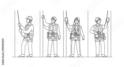 Line Art Illustration of Construction Workers with Tools.