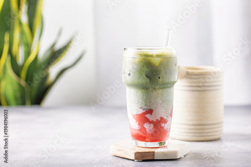 Iced Strawberry Matcha Latte in Glass