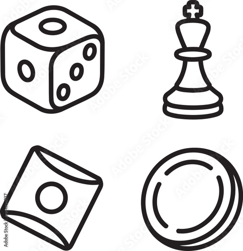 Dice, chess king, playing card, and game coin in line art style in outline style