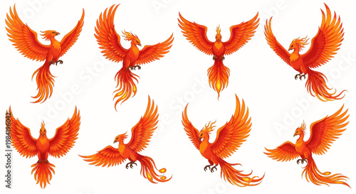 Set of eight stylized vector illustrations of mythical phoenix birds with fiery orange and red plumage, spread wings, and long decorative tails isolated on a white background.