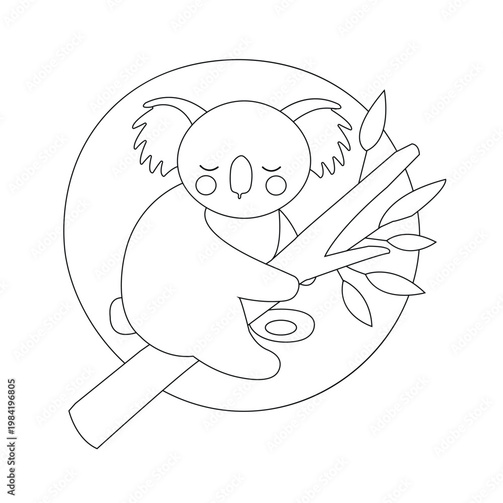 Naklejka premium Cute koala sitting on a eucalyptus branch, coloring page for kids, vector illustration,Australia