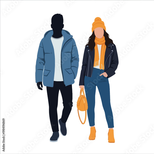 Vector illustration of a man wearing a blue puffer parka and a woman in a black leather jacket with orange beanie, scarf, and boots; isolated silhouettes on white background.