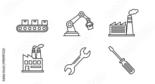 Industrial icons set factory conveyor belt robot arm wrench screwdriver.