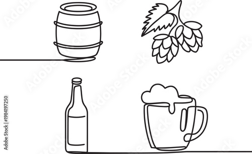 Illustration of a beer barrel, hops, bottle and mug in single line art style in outline style