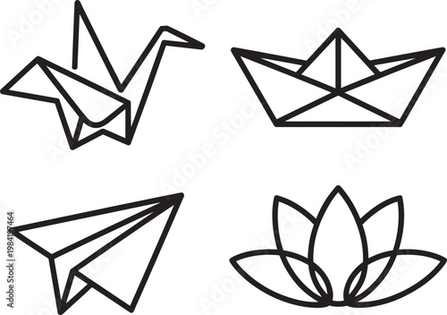 Quadro su tela Origami paper objects: crane, boat, airplane, and lotus flower, minimalist desig