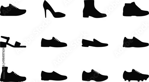 Black silhouette shoe icons set diverse footwear styles for design projects