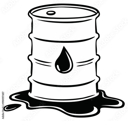 Oil barrel illustration with spilled liquid, symbol of energy resources and pollution.