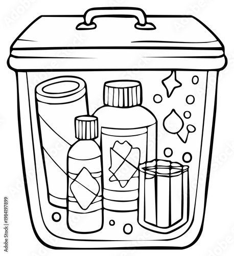 Black and white illustration of a box containing various containers and liquids