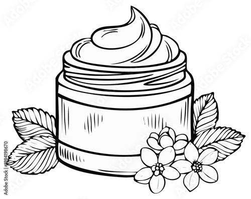 Jar of creamy cosmetic product with swirling texture and decorative botanical elements
