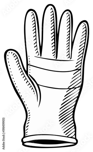 Hand drawn illustration of a single protective glove with four fingers and a thumb
