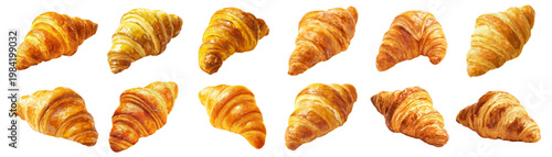 Freshly baked golden croissants isolated on a white background, representing morning breakfast, french patisserie, delicious pastries, and bakery items