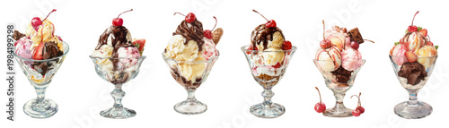 Collection of delicious ice cream sundaes in various flavors and toppings, including chocolate, strawberry, and vanilla, presented in glass dessert cups