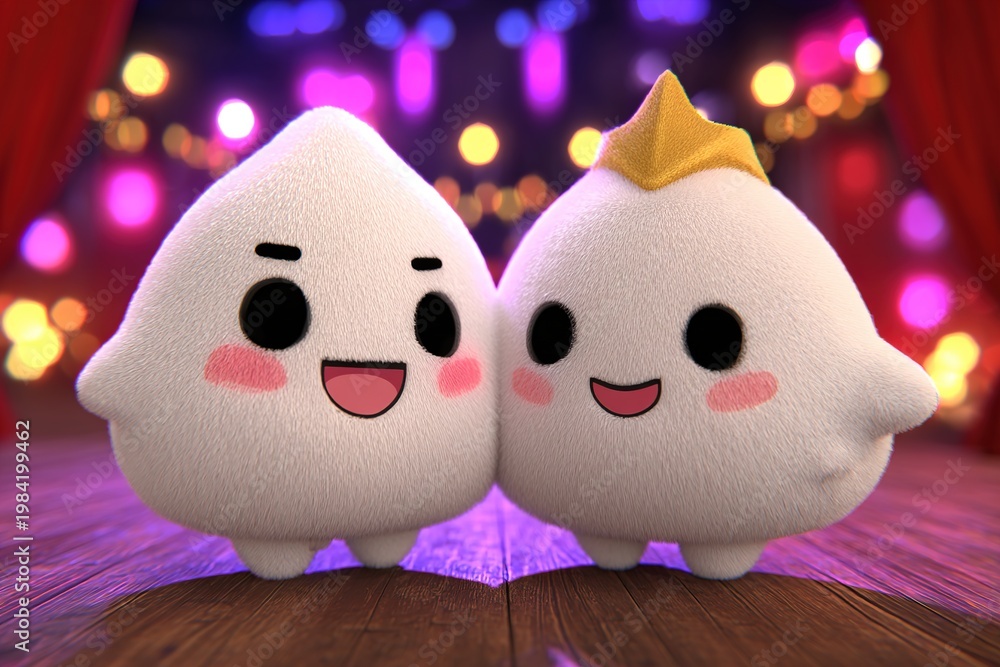 Fototapeta premium Two cute cartoon characters sitting on a stage with colorful lights