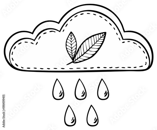 Hand Drawn Cloud Raining Water Droplets with Leafy Pattern Inside