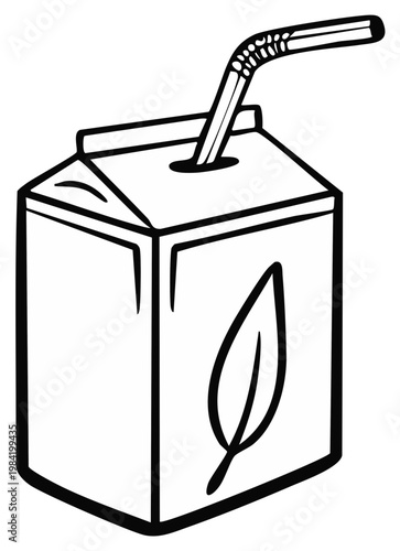 Black and white cartoon of a juice box with a straw and a leaf symbol
