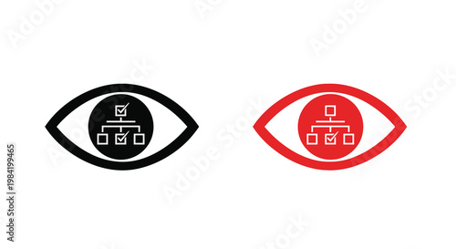 Two stylized eyes contain hierarchical diagrams with checkmarks inside