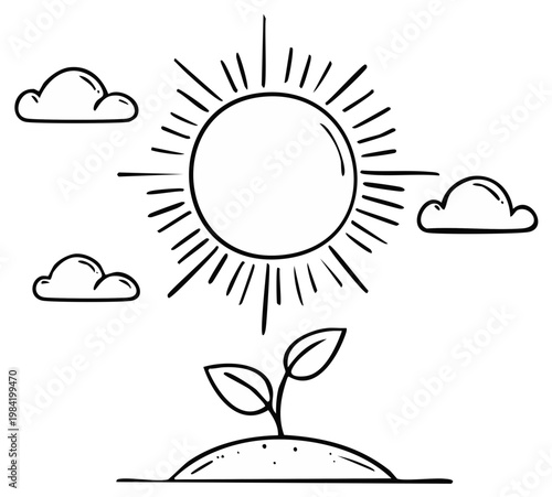 Illustration of a sun shining over a young plant with clouds