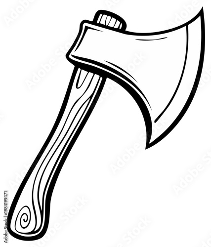 Black and white illustration of a classic wood chopping axe with a wooden handle