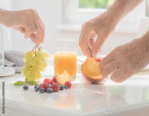 Bright Breakfast Table with Fresh Fruits and Juice