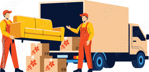 Furniture Delivery Service Illustration with Moving Workers Loading Sofa into Truck, Home Relocation Logistics, Boxes Transport and Professional Moving Assistance Vector Design