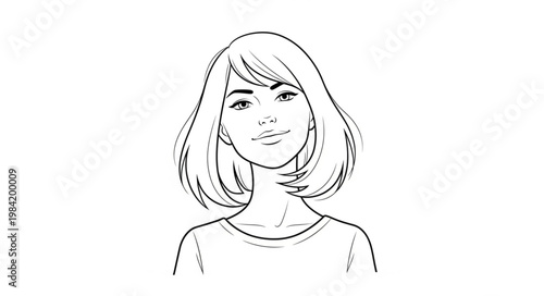 Line Art Portrait of a Young Woman with Bob Haircut Smiling.