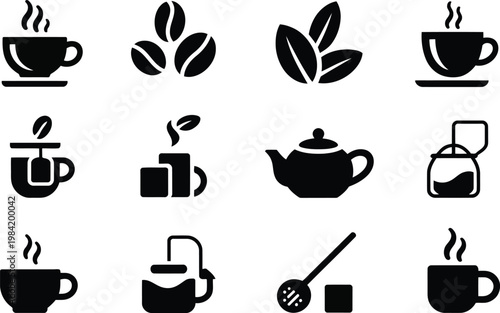 Black coffee and tea icons set a collection of beverage illustrations