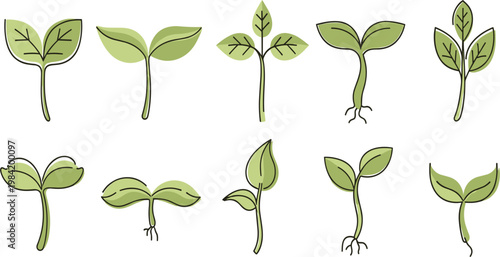 Green Plant Sprout Icon Set with Leaf Growth Stages and Nature Elements