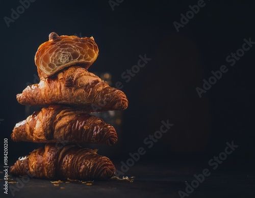 Croissants Stack with Flaky Texture Dark Style