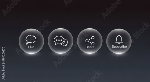 Clear glowing spheres with outline social media icons like comment share subscri
