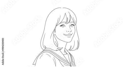 Line Art Portrait of a Smiling Young Woman with Short Hair.