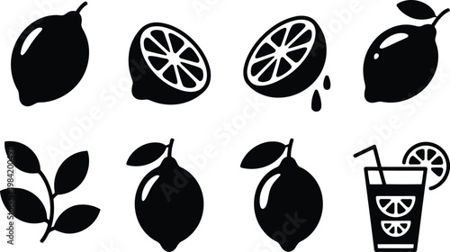 Black and white lime illustrations whole sliced and juice variations