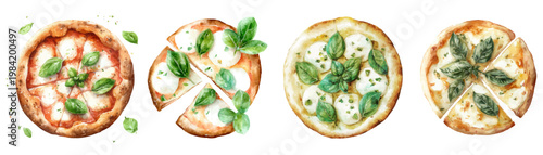 Watercolor pizzas illustrate various styles of margherita pizza with fresh basil and mozzarella cheese, forming a delicious set of italian food artwork