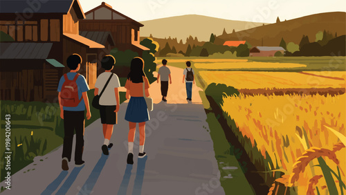 Illustration Of A Group Of Teenagers Walking Leisurely On A Village Road Vector Design Template