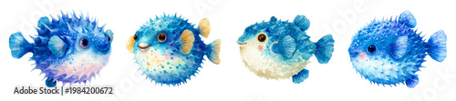 Adorable watercolor pufferfish collection with varying expressions, featuring spiked bodies and blue hues, creating a charming set of marine characters