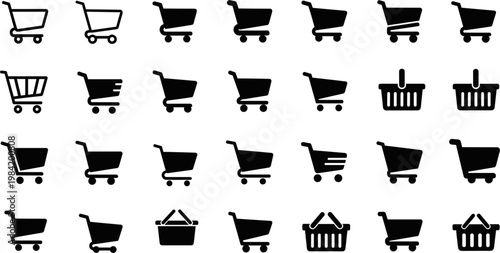 Shopping Cart Icon Set Collection with Basket and Trolley Symbols for E-commerce Design