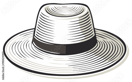 Classic Straw Fedora Hat with Dark Band Stylized Sketch