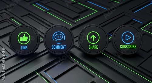 Cyberpunk style social media buttons on dark textured background
