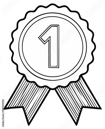 Outline of Award Medal with Number One Icon Black and White Line Art
