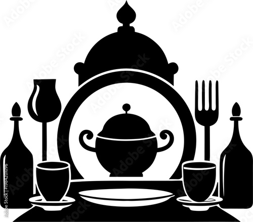 dinner set silhouette vector black , white background
