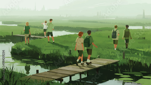 Illustration Of A Group Of Teenagers Walking In A Swamp With Wooden Planks Vector Design Template