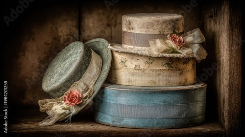 Stacked Antique Hatboxes in Muted Pastel Colors with Delicate Floral Embellishments