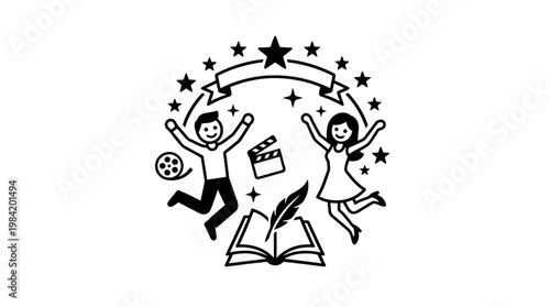 Excited People Movie Clapper Book Cinema Symbols