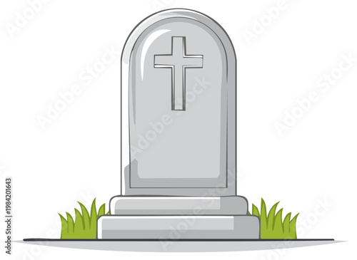 Cartoon gravestone featuring a cross and green grass representing death remembrance and funeral concepts