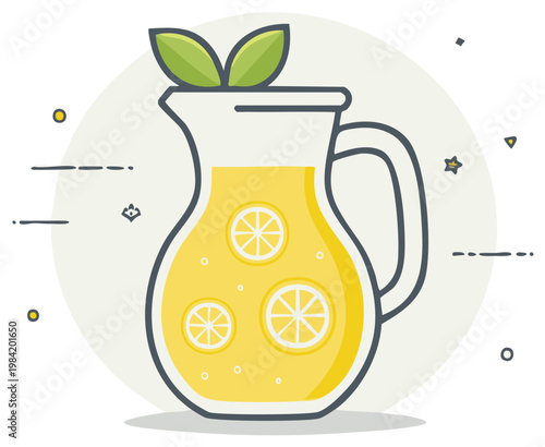 Refreshing pitcher of lemonade with lemon slices and mint leaves for summer drink illustration