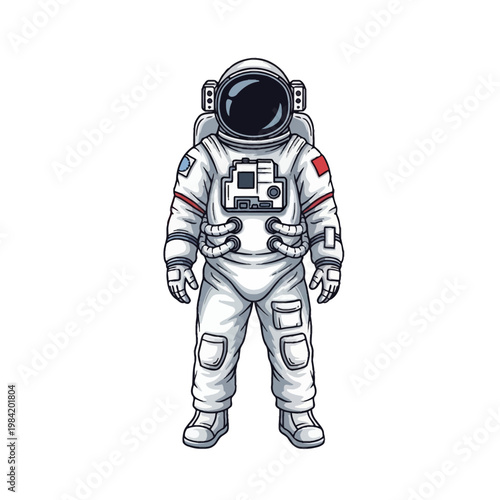 Detailed vector illustration of an astronaut in a white pressurized spacesuit with a dark helmet visor and life support gear, front view standing isolated on a plain white background.