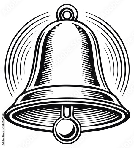 Engraved illustration of a ringing bell in a circular design.