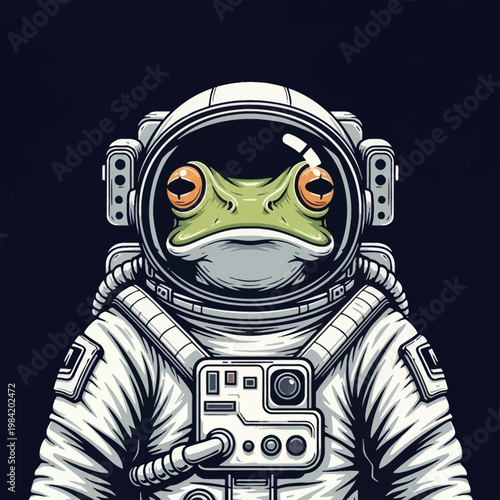 Vector illustration of a green frog with orange eyes wearing a white astronaut spacesuit and a detailed life support chest pack, centered portrait of an amphibian cosmonaut.